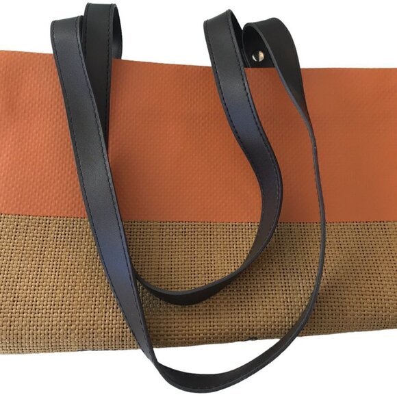 Tommy Bahama Canvas Tan Burlap Beach Shopping Tote Bag Spell Out Logo Orange - Picture 4 of 11